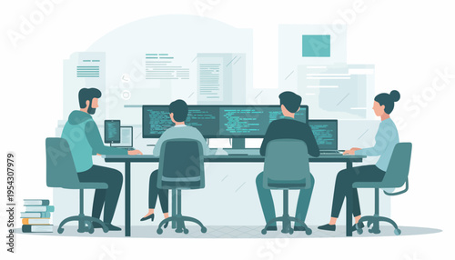 Team of developers collaborating on coding projects in a modern office environment