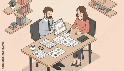 Business Meeting and Data Analysis Discussion Between Colleagues at a Desk