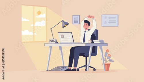 Balancing Productivity and Well-being A Professional Man Stretches at His Sunny Home Office Desk During a Focused Remote Workday, Embracing a Healthy Work-Life Approach