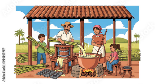 A vibrant illustration of a family making traditional sugarcane juice in a rural setting