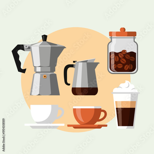 Coffee Making Essentials: Moka Pot, Cups, Beans, and Drink