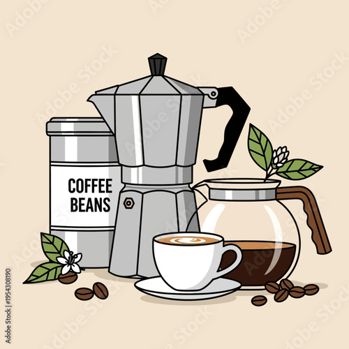 Coffee Making Essentials: Moka Pot, Beans, Cup, and Carafe on Beige Background