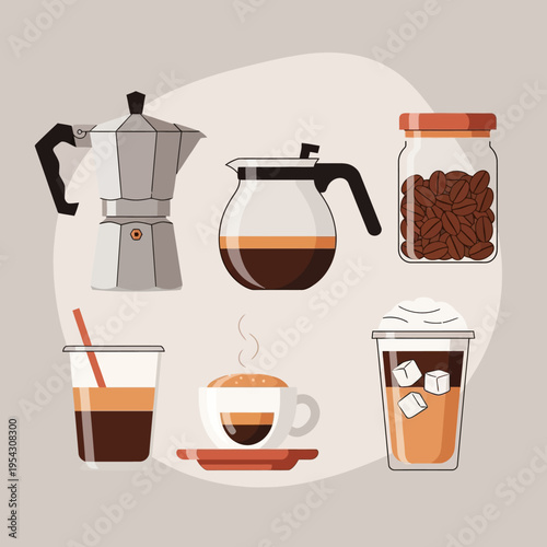 Coffee brewing and serving essentials: Moka pot, carafe, jar of beans, espresso cup, iced coffee
