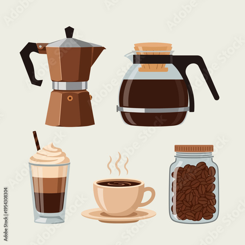 Coffee brewing and serving set: Moka pot, coffee maker, cup, jar of beans, iced coffee