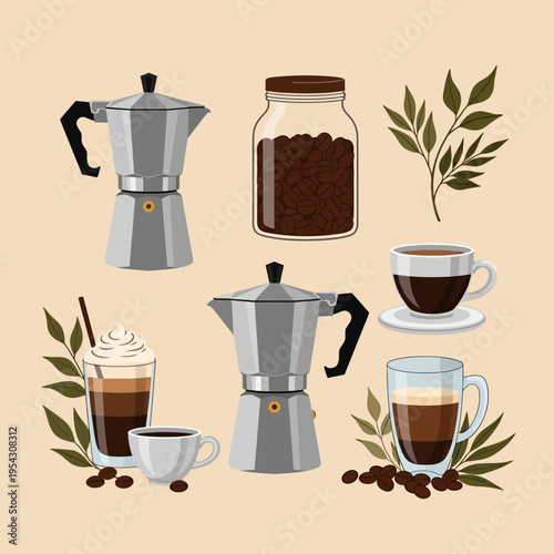 Coffee brewing and serving set: moka pots, cups, jar of beans, latte, espresso