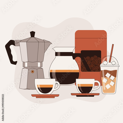 Coffee brewing and serving setup: moka pot, carafe, cups, iced coffee, and beans