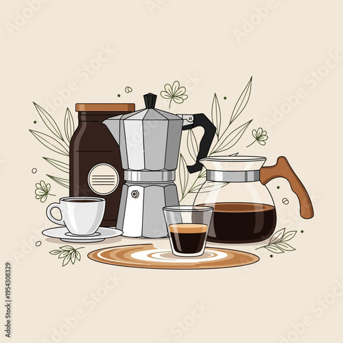 Coffee brewing equipment and drinks, espresso, moka pot, coffee maker, beans, and cup
