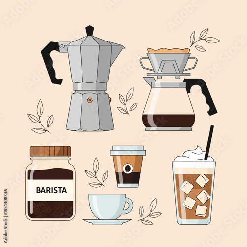 Coffee brewing equipment and drinks, flat design illustration