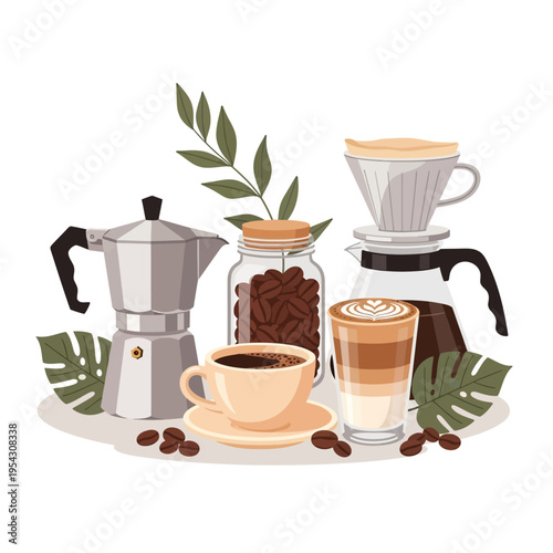 Coffee brewing equipment and drinks, latte art, moka pot, pour over, coffee beans, flat lay