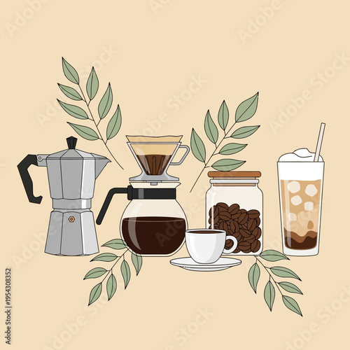 Coffee brewing equipment, coffee beans, and iced coffee drink with leaves.