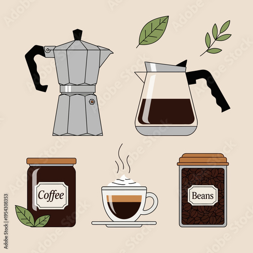 Coffee brewing essentials: Moka pot, carafe, jar of coffee, cup, and beans