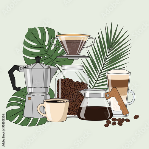 Coffee brewing methods and drinks with tropical leaves, flat lay, top view