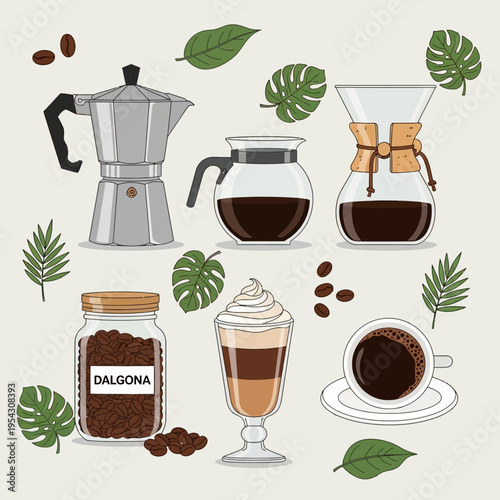 Coffee brewing methods and drinks, flat lay with tropical leaves and beans
