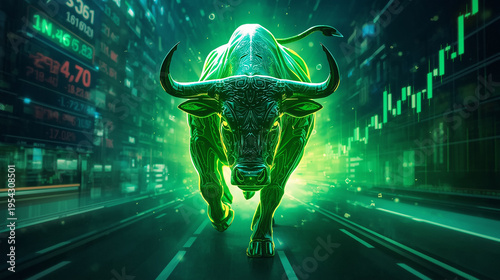 Bullish Market Concept. Futuristic bull with bright green energy aura charging forward, representing strong bullish momentum, background of digital financial charts and upward trending graphs, glowing