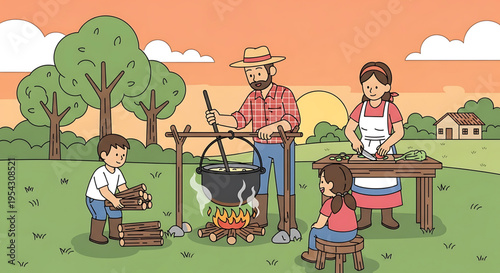 A family enjoys a meal together in a rural setting with a father cooking outdoors.