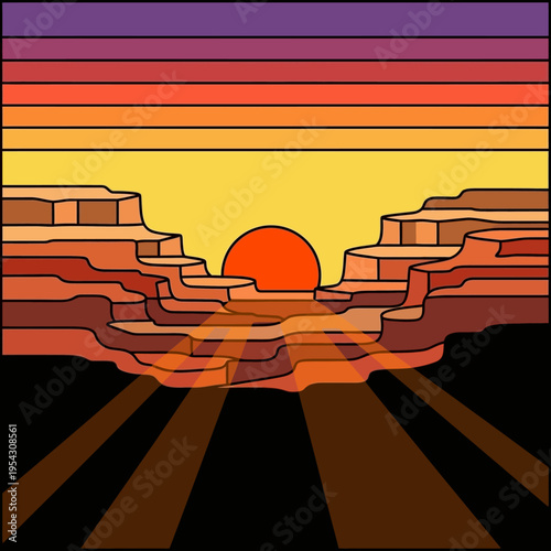 Vibrant sunset casting warm rays of light through a grand canyon, with layered rock formations and a colorful sky.