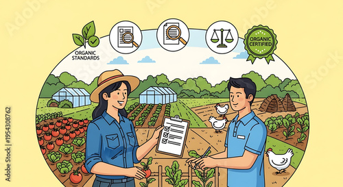 A vector graphic illustration of two farmers discussing organic farming standards in a vibrant agricultural field with greenhouses and chickens.