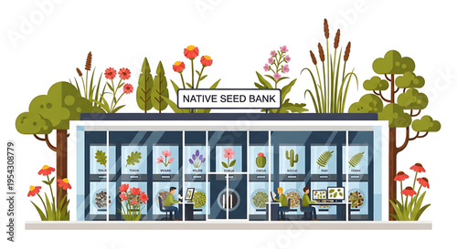 A colorful illustration of a native seed bank building surrounded by trees and flowers