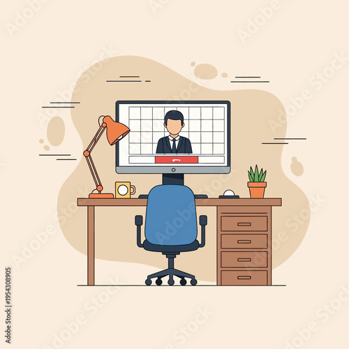 Home office desk with computer showing online meeting, remote work concept