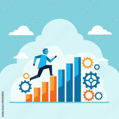 Man running up rising bar graph with gears, symbolizing success and growth