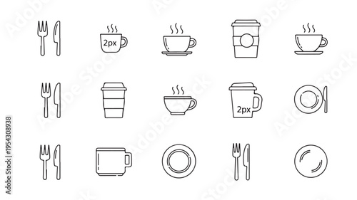 Collection of simple line art icons representing coffee cups, plates, and cutlery for food and drink services.