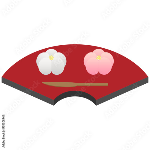 扇形のお盆に乗った紅白の梅の和菓子　イラスト素材