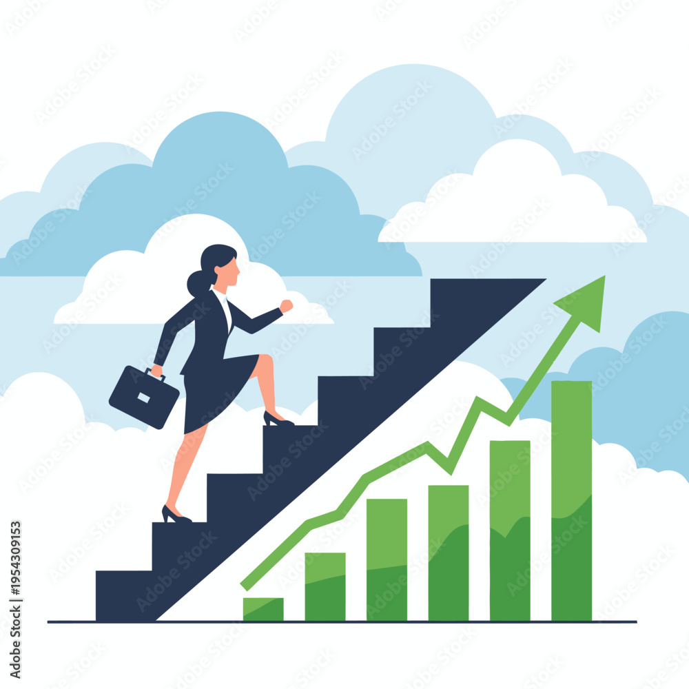 Fototapeta premium Businesswoman climbing stairs with growth chart and arrow, symbolizing career success and progress