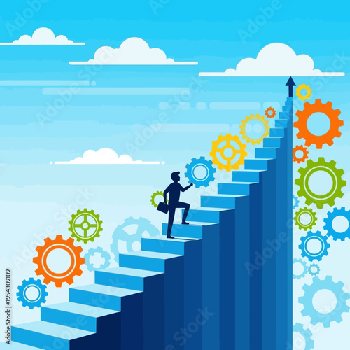 Businessman climbing stairs made of gears towards success, symbolizing career growth and achievement.