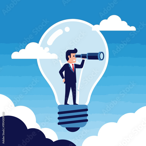 Businessman with telescope inside light bulb, looking for future opportunities and ideas