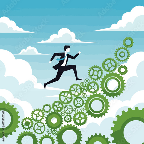 Businessman running up stairs made of gears towards the sky, symbolizing success and progress
