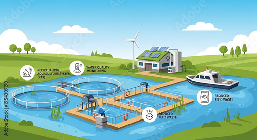 A modern aquaculture farm with sustainable practices and renewable energy sources
