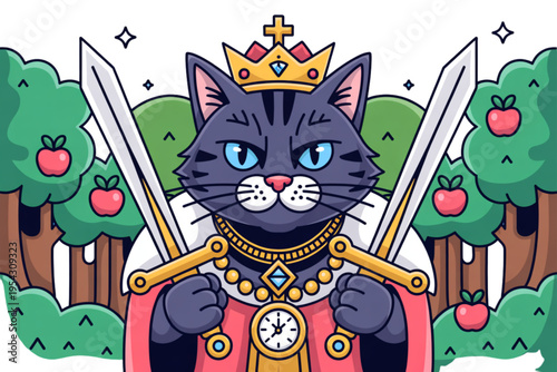 A regal grey cat king wearing a golden crown and cloak while holding two large silver swords Vector