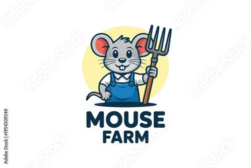A cute cartoon mouse farmer wearing blue overalls and holding a pitchfork for a rural logo design Vector
