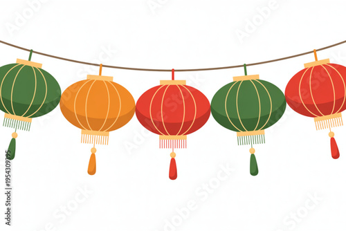 A festive string of colorful chinese lanterns featuring green orange and red hanging decorations Vector