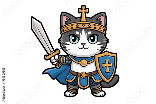 A brave grey and white cat warrior wearing a golden crown and armor while holding a sword shield Vector