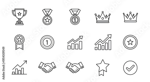 Modern Business Reward Icons - Linear Style Gift, Trophy, and Medal Set