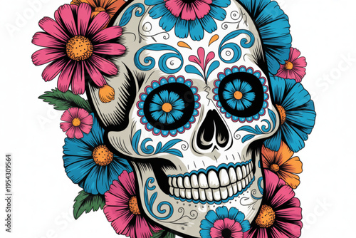 Decorative human skull illustrated with vibrant colorful flowers for day of the dead celebration Vector
