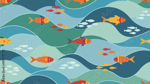 A seamless illustration showing stylized, colorful fish in an aquatic environment