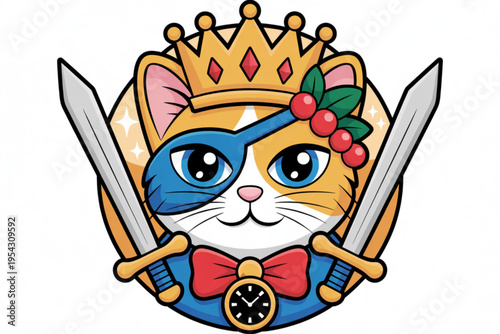 A royal ginger cat wearing a golden crown and an eye patch with crossed swords and a pocket watch Vector