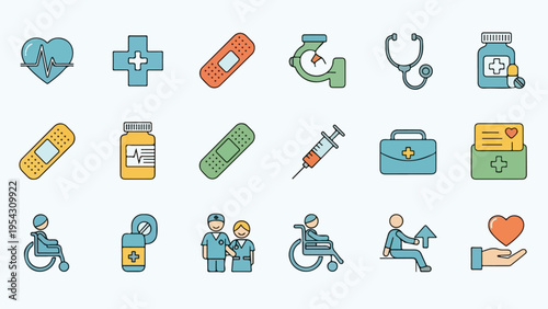A set of colorful healthcare and medical themed illustrations and symbols
