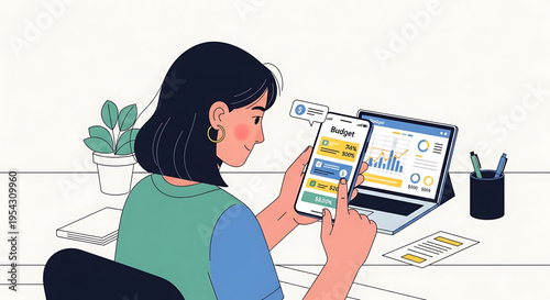 A woman sitting at a desk using a smartphone and laptop for business analytics and communication