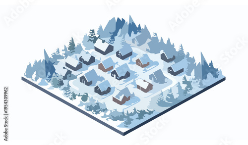 Isometric winter village vector set with snowy houses and evergreen trees in compact mountain layout isolated on white