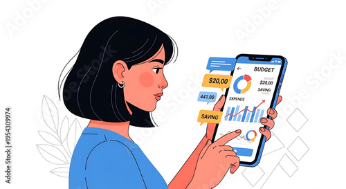 A woman using a smartphone to track her budget and savings with a financial app