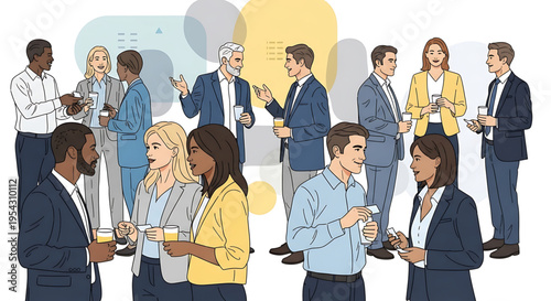 A group of business professionals networking and socializing in a modern setting