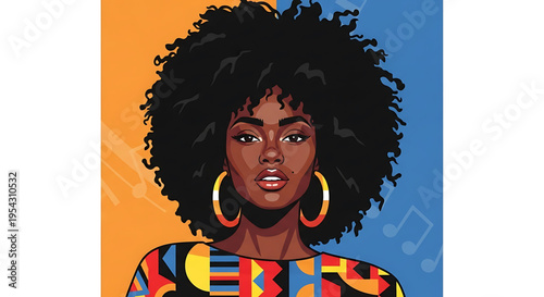 A vibrant illustration of a woman with an afro and colorful clothing, set against a dynamic orange and blue background with musical notes.