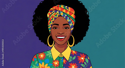 A vibrant illustration of a smiling African American woman with a colorful headwrap and floral shirt