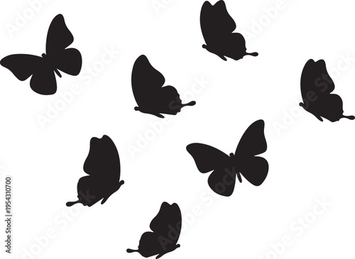 Set of 7 black butterfly silhouettes vector