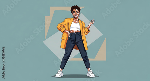 A vibrant cartoon woman in a yellow blazer standing confidently with a geometric design in the background