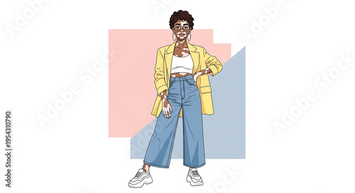 A confident young woman in a stylish outfit standing in front of a colorful geometric background