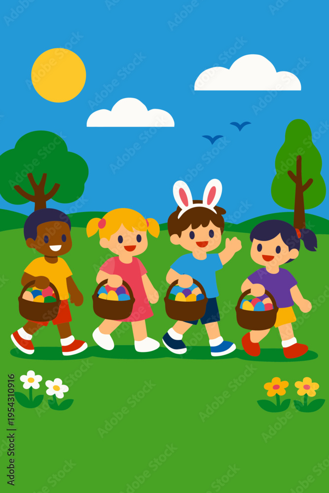 Naklejka premium Easter Monday Children Carrying Egg Baskets in the Park